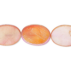 Bead, mother-of-pearl shell (dyed), red-orange AB, 18x13mm flat oval with 0.6-0.8mm hole, Mohs hardness 3-1/2. Sold per 15-inch strand.