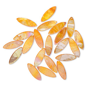 Bead, mother-of-pearl shell (dyed), orange AB, 29x8mm top-drilled flat marquise with 0.6-0.8mm hole, Mohs hardness 3-1/2. Sold per pkg of 21.