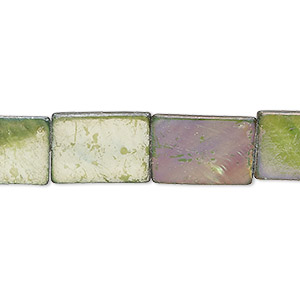Bead, mother-of-pearl shell (dyed), dark green AB, 15x9mm-16x10mm flat rectangle with 0.6-0.8mm hole, Mohs hardness 3-1/2. Sold per 15-1/2&quot; to 16&quot; strand.