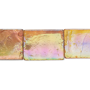 Bead, mother-of-pearl shell (dyed), golden brown AB, 20x15mm flat rectangle with 0.6-0.8mm hole, Mohs hardness 3-1/2. Sold per 15-inch strand.