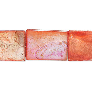 Bead, mother-of-pearl shell (dyed), red-orange AB, 20x14mm-20x15mm flat rectangle with 0.6-0.8mm hole, Mohs hardness 3-1/2. Sold per 15-inch strand.