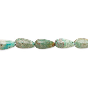 Bead, turquoise (dyed / stabilized), green-brown, 9x5mm-10x5mm teardrop with 0.8-1.1mm hole, C- grade, Mohs hardness 5 to 6. Sold per 15-1/2&quot; to 16&quot; strand.
