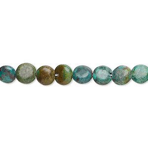 Bead, turquoise (dyed / stabilized), green-brown, 6-7mm puffed flat oval with 0.8-1.1mm hole, C- grade, Mohs hardness 5 to 6. Sold per 15-inch strand.
