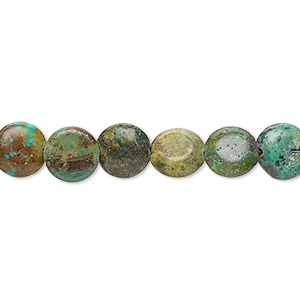 Bead, turquoise (dyed / stabilized), green-brown, 8-9mm puffed flat round with 0.8-1.1mm hole, C- grade, Mohs hardness 5 to 6. Sold per 15-inch strand.