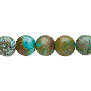 Bead, turquoise (dyed / stabilized), green-brown, 9-11mm puffed flat round with 0.8-1.1mm hole, C- grade, Mohs hardness 5 to 6. Sold per 15-inch strand.