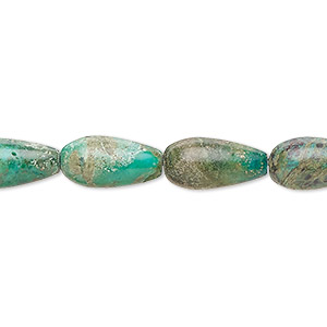 Bead, turquoise (dyed / stabilized), green-brown, 14x7mm-15x8mm teardrop with 0.8-1.1mm hole, C- grade, Mohs hardness 5 to 6. Sold per 15-1/2&quot; to 16&quot; strand.