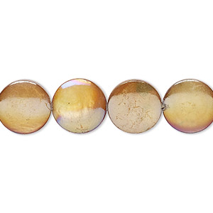 Bead, mother-of-pearl shell (dyed), light brown AB, 11-12mm puffed flat round with 0.4-0.6mm hole, Mohs hardness 3-1/2. Sold per 15-inch strand.