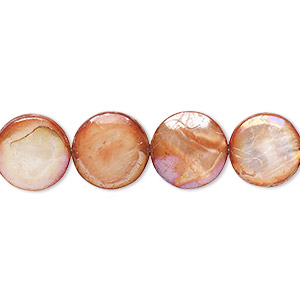 Bead, mother-of-pearl shell (dyed), light red AB, 11-12mm puffed flat round with 0.4-0.6mm hole, Mohs hardness 3-1/2. Sold per 15-inch strand.