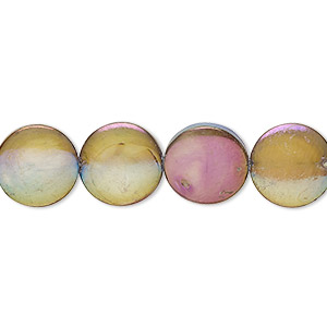 Bead, mother-of-pearl shell (dyed), brass AB, 11-12mm puffed flat round with 0.4-0.6mm hole, Mohs hardness 3-1/2. Sold per 15-inch strand.