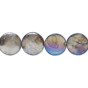 Bead, mother-of-pearl shell (dyed), blue-grey AB, 11-12mm puffed flat round with 0.4-0.6mm hole, Mohs hardness 3-1/2. Sold per 15-inch strand.
