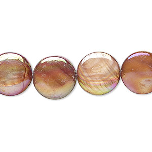 Bead, mother-of-pearl shell (dyed), dark red-brown AB, 13mm puffed flat round with 0.4-0.6mm hole, Mohs hardness 3-1/2. Sold per 15-inch strand.