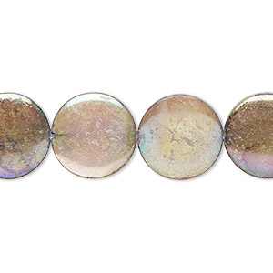 Bead, mother-of-pearl shell (dyed), grey AB, 14-15mm puffed flat round with 0.4-0.6mm hole, Mohs hardness 3-1/2. Sold per 15-1/2&quot; to 16&quot; strand.