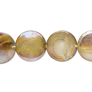Bead, mother-of-pearl shell (dyed), brown AB, 15mm puffed flat round with 0.4-0.6mm hole, Mohs hardness 3-1/2. Sold per 15-inch strand.