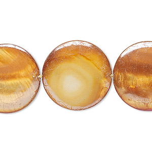 Bead, mother-of-pearl shell (dyed), burnt orange AB, 20mm puffed flat round with 0.4-0.6mm hole, Mohs hardness 3-1/2. Sold per 15-inch strand.