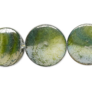 Bead, mother-of-pearl shell (dyed), forest green AB, 19-20mm puffed flat round with 0.4-0.6mm hole, Mohs hardness 3-1/2. Sold per 15-inch strand.