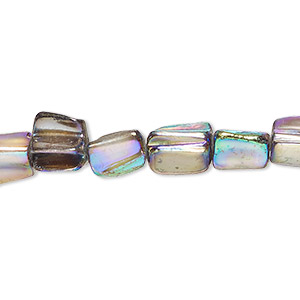 Bead, mother-of-pearl shell (dyed), dark grey AB, 8x6mm-9x8mm uneven triangular tube with 0.6-0.8mm hole, Mohs hardness 3-1/2. Sold per 15-inch strand.