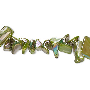Bead, mother-of-pearl shell (dyed), green AB, medium chip with 0.6-0.8mm hole, Mohs hardness 3-1/2. Sold per 15-inch strand.