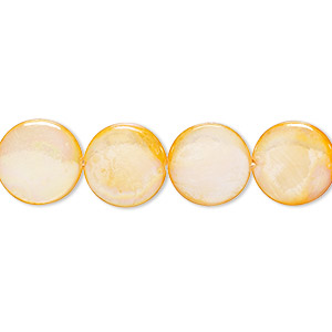 Bead, mother-of-pearl shell (dyed), light orange AB, 11mm puffed flat round with 0.6-0.8mm hole, Mohs hardness 3-1/2. Sold per 15-inch strand.