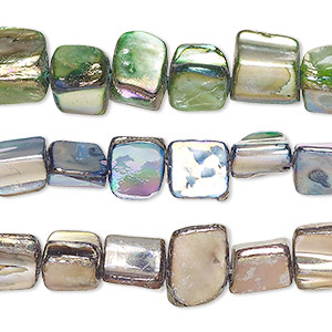 Bead mix, mother-of-pearl shell (bleached / dyed), multicolored AB, 8x3mm-13x6mm uneven triangle rondelle with 0.4-0.6mm hole, Mohs hardness 3-1/2. Sold per pkg of (3) 15-inch strands.