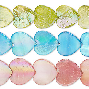 Bead mix, mother-of-pearl shell (bleached / dyed), multicolored AB, 13x12mm-17x14mm flat heart with 0.4-0.6mm hole, Mohs hardness 3-1/2. Sold per pkg of (3) 15-inch strands.