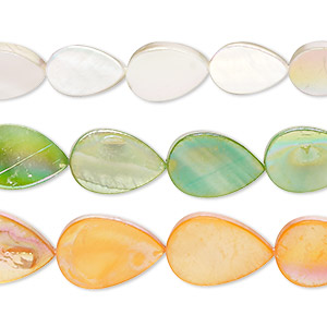 Bead mix, mother-of-pearl shell (bleached / dyed), multicolored AB, 10x7mm-15x11mm flat teardrop with 0.4-0.6mm hole, Mohs hardness 3-1/2. Sold per pkg of (3) 15-inch strands.