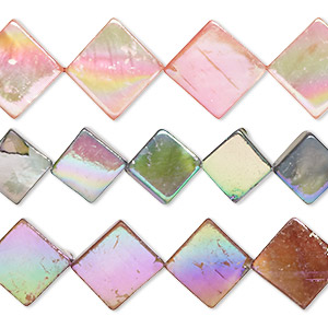 Bead mix, mother-of-pearl shell (bleached / dyed), multicolored AB, 8x7mm-12x11mm flat diamond with 0.4-0.6mm hole, Mohs hardness 3-1/2. Sold per pkg of (3) 15-inch strands.
