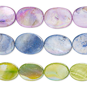 Bead mix, mother-of-pearl shell (bleached / dyed), multicolored AB, 16x12mm-20x15mm flat oval with 0.4-0.6mm hole, Mohs hardness 3-1/2. Sold per pkg of (3) 15-inch strands.
