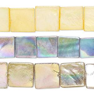 Bead mix, mother-of-pearl shell (bleached / dyed), multicolored AB, 12x11mm-16mm flat square with 0.4-0.6mm hole, Mohs hardness 3-1/2. Sold per pkg of (3) 15-inch strands.