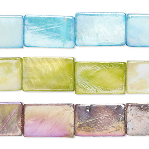Bead mix, mother-of-pearl shell (bleached / dyed), multicolored AB, 14x7mm-16x10mm flat rectangle with 0.4-0.6mm hole, Mohs hardness 3-1/2. Sold per pkg of (3) 15-inch strands.