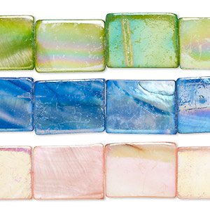 Bead mix, mother-of-pearl shell (bleached / dyed), multicolored AB, 19x15mm-21x16mm flat rectangle with 0.4-0.6mm hole, Mohs hardness 3-1/2. Sold per pkg of (3) 15-inch strands.