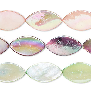 Bead mix, mother-of-pearl shell (bleached / dyed), multicolored AB, 13x9mm-18x10mm flat marquise with 0.4-0.6mm hole, Mohs hardness 3-1/2. Sold per pkg of (3) 15-inch strands.