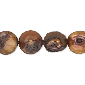 Pearl, cultured freshwater (dyed), copper peacock, 12-14mm puffed flat round with 0.4-0.6mm hole, D grade, Mohs hardness 2-1/2 to 4. Sold per 15-inch strand.