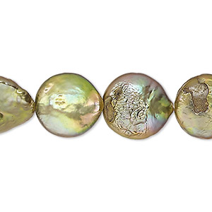 Pearl, cultured freshwater (dyed), olive AB, 13-15mm puffed flat round with 0.4-0.6mm hole, D grade, Mohs hardness 2-1/2 to 4. Sold per 15-inch strand.