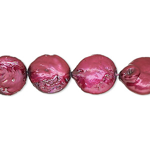 Pearl, cultured freshwater (dyed), cranberry, 12-13mm puffed flat round with 0.4-0.6mm hole, D grade, Mohs hardness 2-1/2 to 4. Sold per 15-inch strand.