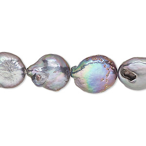 Pearl, cultured freshwater (dyed), silver peacock, 10x9mm-14x11mm uneven puffed flat round with 0.4-0.6mm hole, D grade, Mohs hardness 2-1/2 to 4. Sold per 15-inch strand.