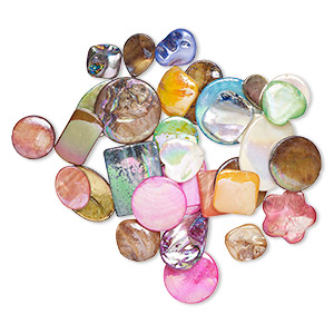 Bead mix, mother-of-pearl shell (natural / bleached / dyed), mixed colors, 9mm-35x25mm mixed shapes with 0.6-0.8mm hole, Mohs hardness 3-1/2. Sold per 4-ounce pkg, approximately 35 beads.