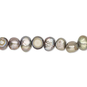 Pearl, cultured freshwater (dyed), gunmetal green, 5-7mm flat-sided potato with 0.4-0.5mm hole, D grade, Mohs hardness 2-1/2 to 4. Sold per 15-inch strand.