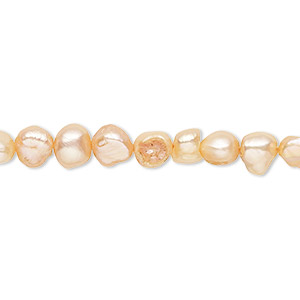 Pearl, cultured freshwater (dyed), peach, 5-6mm flat-sided potato with 0.4-0.6mm hole, C- grade, Mohs hardness 2-1/2 to 4. Sold per 15-inch strand.