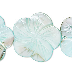 Bead, mother-of-pearl shell (dyed), aqua blue, 29x28mm-31x30mm carved flower, 0.6-0.8mm hole, Mohs hardness 3-1/2. Sold per 15-1/2&quot; to 16&quot; strand.
