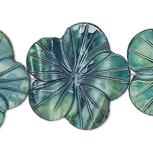 Bead, mother-of-pearl shell (dyed), teal blue, 29x28mm-31x30mm carved flat flower, 0.6-0.8mm hole, Mohs hardness 3-1/2. Sold per 15-1/2&quot; to 16&quot; strand.