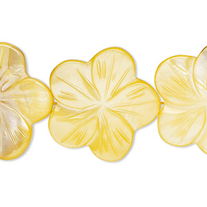 Bead, mother-of-pearl shell (dyed), golden yellow, 24x23mm-26x25mm carved flat flower with 0.6-0.8mm hole, Mohs hardness 3-1/2. Sold per 15-1/2&quot; to 16&quot; strand.