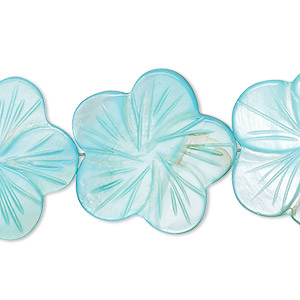 Bead, mother-of-pearl shell (dyed), aqua blue, 24x23mm-26x25mm carved flat flower with 0.6-0.8mm hole, Mohs hardness 3-1/2. Sold per 15-inch strand.