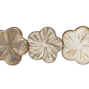 Bead, mother-of-pearl shell (dyed), dark brown, 18x17mm-22x21mm carved flat flower with 0.6-0.8mm hole, Mohs hardness 3-1/2. Sold per 15-inch strand.