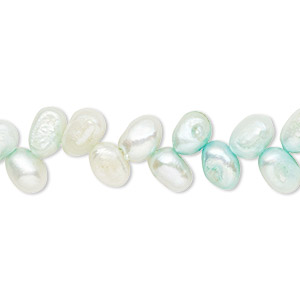 Pearl, cultured freshwater (dyed), light teal green, 7x5mm-8x6mm herringbone-drilled flat-sided rice with 0.4-0.6mm hole, D grade, Mohs hardness 2-1/2 to 4. Sold per 15-inch strand.