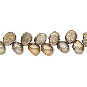 Pearl, cultured freshwater (dyed), antique brass, 6x5mm-7x6mm herringbone-drilled flat-sided rice with 0.4-0.6mm hole, D grade, Mohs hardness 2-1/2 to 4. Sold per 15-inch strand.