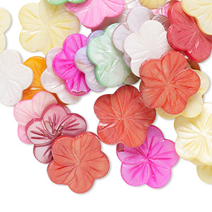 Bead mix, mother-of-pearl shell (natural / dyed), mixed colors, 24x23mm-26x25mm carved flat flower with 0.6-08mm hole, Mohs hardness 3-1/2. Sold per 4-ounce pkg, approximately 30 beads.