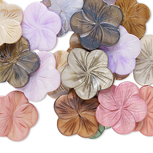 Bead mix, mother-of-pearl shell (dyed), mixed colors, 28x27mm-30x29mm carved flat flower with 0.6-0.8mm hole, Mohs hardness 3-1/2. Sold per 4-ounce pkg, approximately 20 beads.