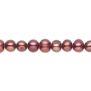 Pearl, cultured freshwater (dyed), rhubarb, 5-6mm semi-round with 0.4-0.6mm hole, D grade, Mohs hardness 2-1/2 to 4. Sold per 15-inch strand.