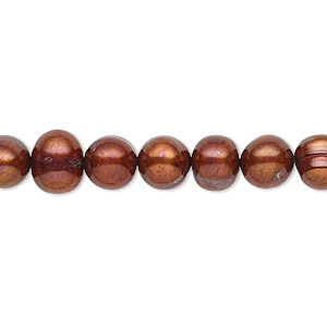 Pearl, cultured freshwater (dyed), copper, 6-7mm semi-round with 0.4-0.6mm hole, D grade, Mohs hardness 2-1/2 to 4. Sold per 14-inch strand.