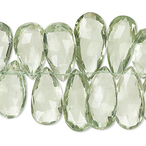 Bead, green quartz (heated), 15x9mm-21x13mm hand-cut top-drilled faceted puffed teardrop, B+ grade, Mohs hardness 7. Sold per 7-inch strand, approximately 50 beads.